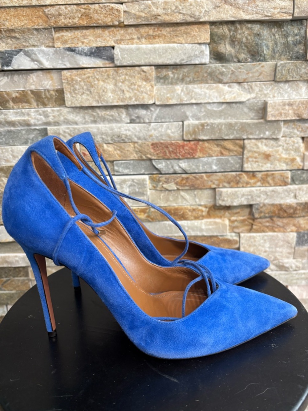 Aquazzura Matilde 105 Blue Suede Lace Up Pumps Size 39 Italy Designer - Picture 2 of 8